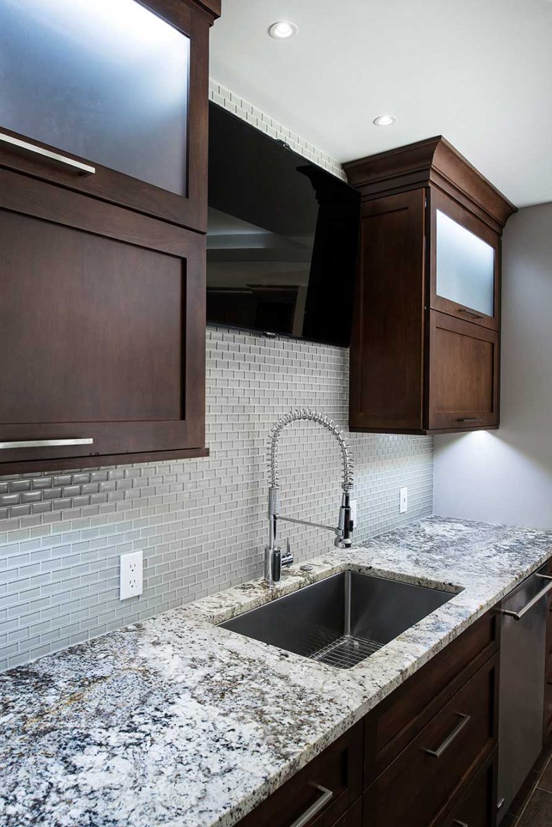Dark Industrial 3 Handsome and rich kitchen and cleanup sink with tile backsplash backdrop and wall cabinet storage