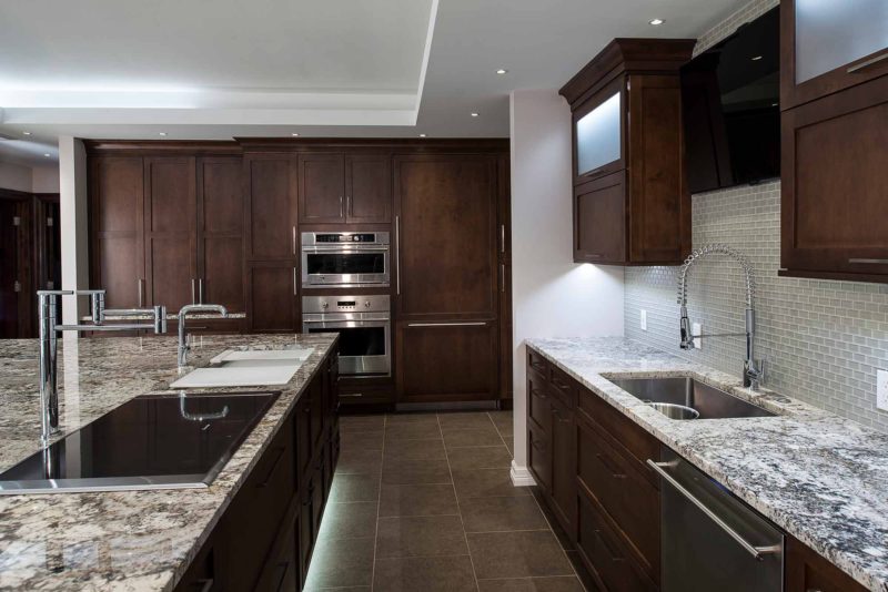 Dark Industrial 7 Handsome and rich kitchen with Galley Workstation large stainless steel kitchen sink and induction cooktop with cleanup sink across