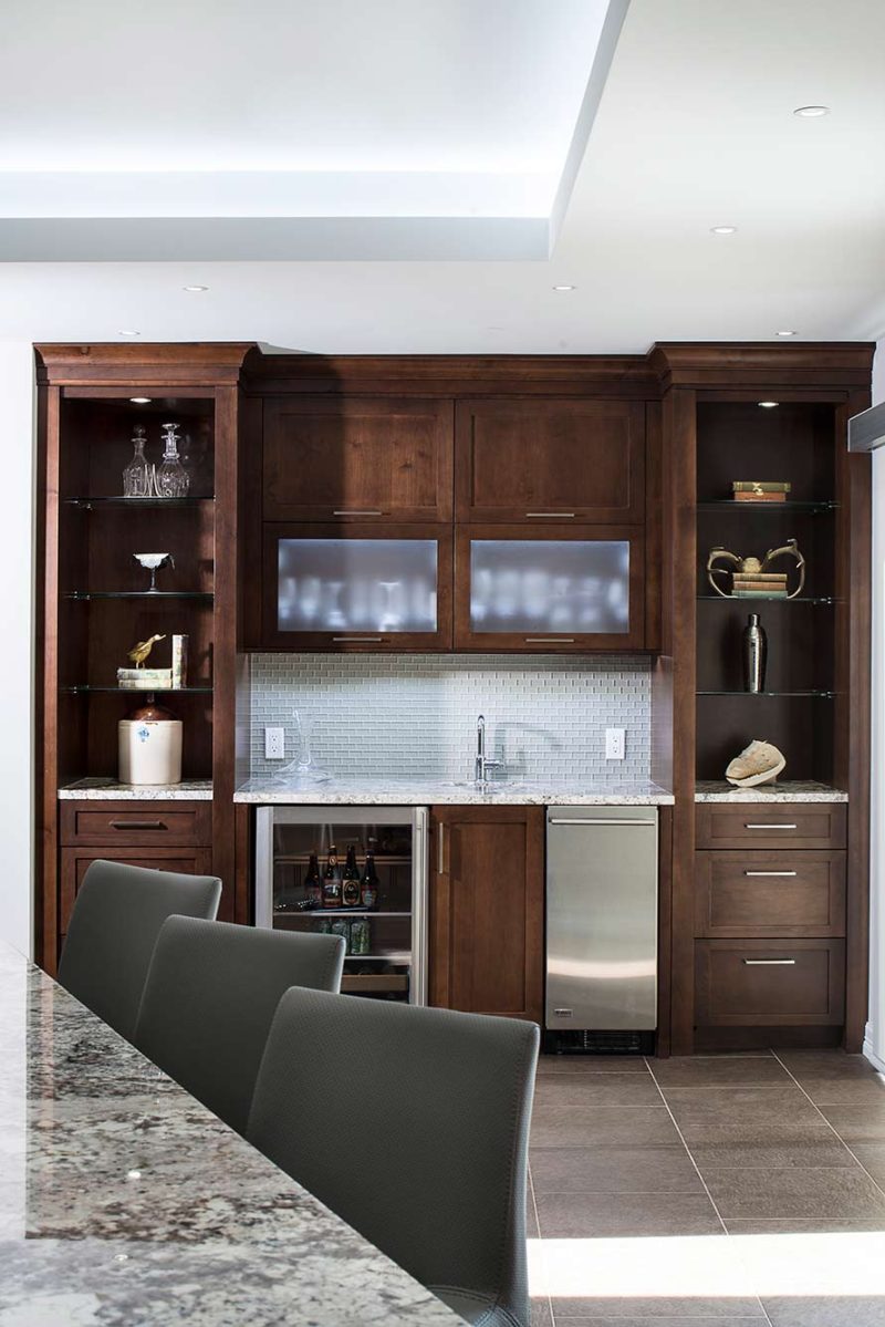 Dark Industrial 9 Handsome and rich kitchen with beverage center complete with undercounter refrigerator-and-wall-cabinets-with-frosted-glass-fronts