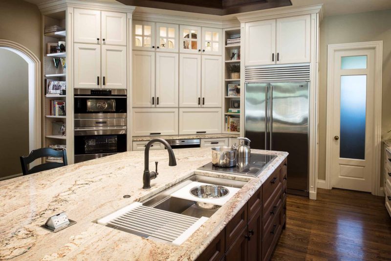 Marble & Wood 8 old world kitchen with galley workstation kitchen sink and induction cooktop