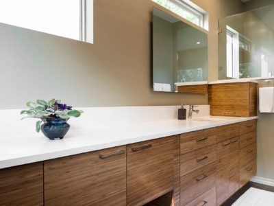 Beyond the Kitchen 2 modern bathroom counter with wood grain cabinets
