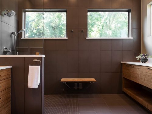 Beyond the Kitchen 6 slate grey tile contemporary shower with wood seating