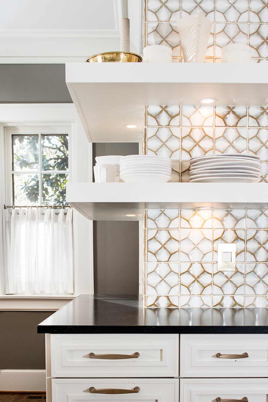 Historically Classy 4 beautiful kitchen with mirror backsplash and open shelves