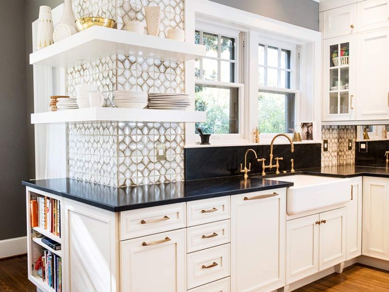 Historically Classy 9 beautiful kitchen with tile backsplash, open shelves and farmhouse sink