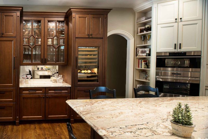 Marble and Wood 9 old world kitchen with beverage center and wine refrigerator