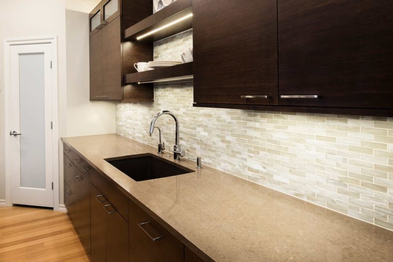 Walnut Galley 2 contemporary kitchen with cleanup kitchen sink and open shelves above