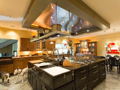 Classic tuscan style kitchen with large island featuring pullout storage, Galley Workstation kitchen sink and functioning vent hood.